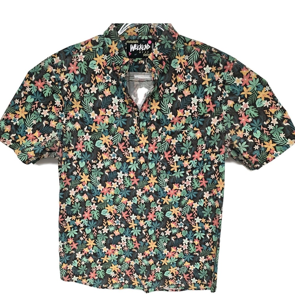 Chubbies Weekend Polo 1/4 Button Shirt Mens L Bird Hawaiian Toucan Floral Party